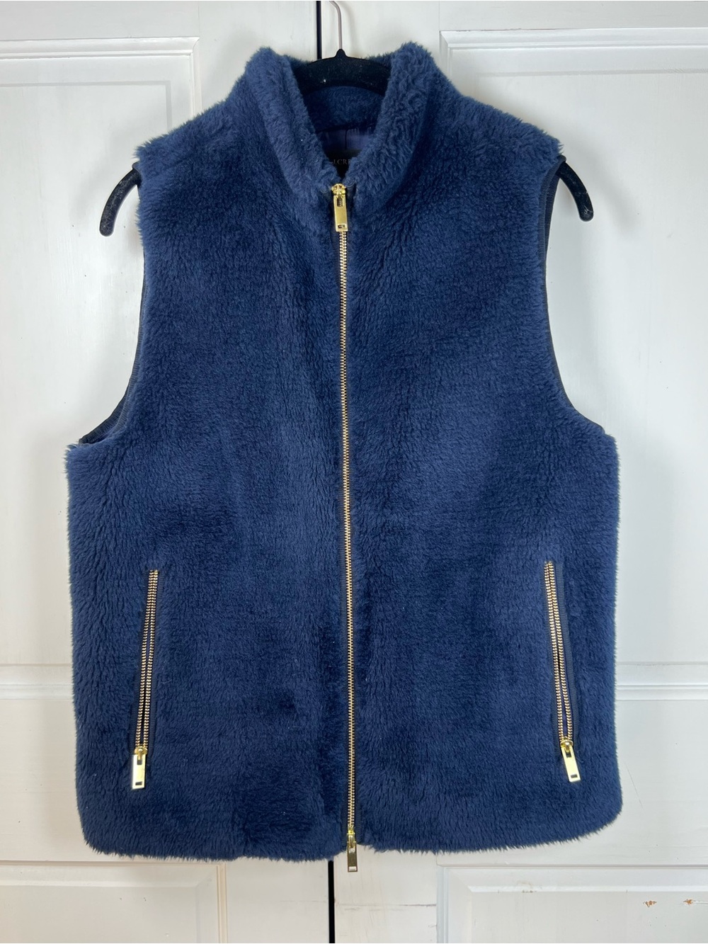 J. Crew Size Small Navy Blue Faux Fur Plush Fleece Vest 2 way Full Zip Sz Small